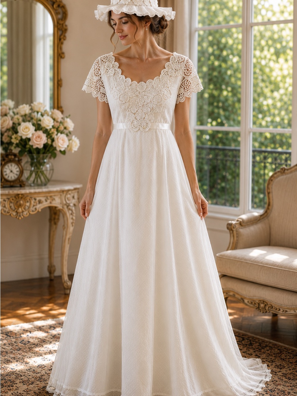 Saks Fifth Avenue Ivory Lace Wedding Gown with Matching Hat E5